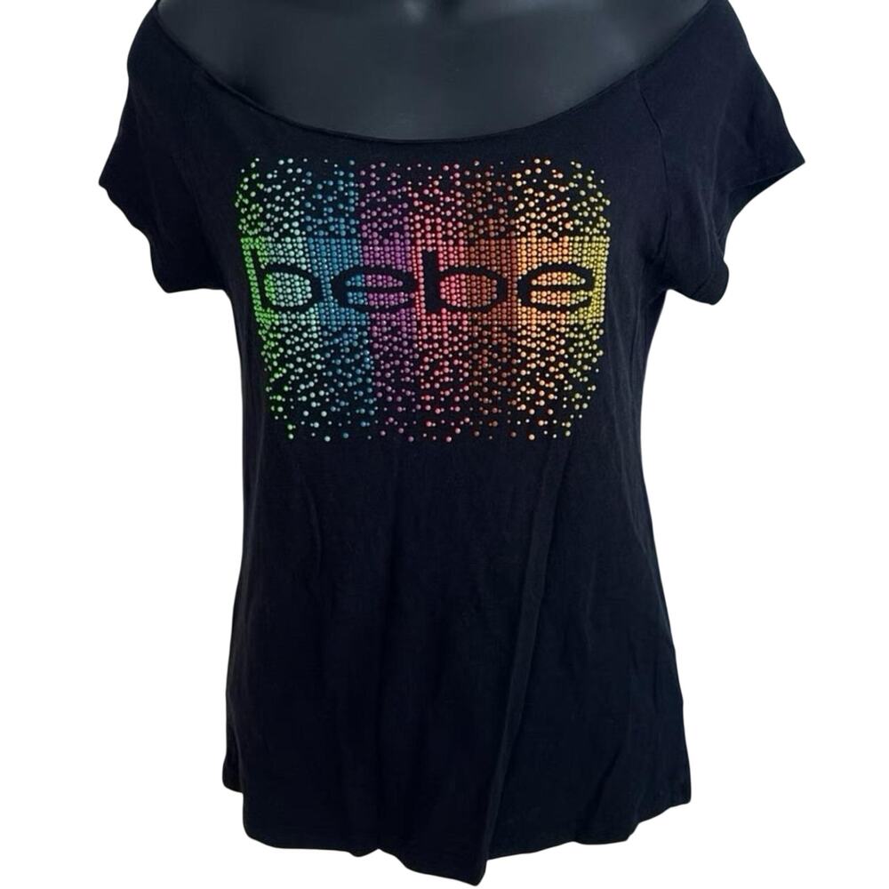 Bebe Rainbow Studded Rhinestone Logo Black Off the Shoulder Boatneck Top Size M